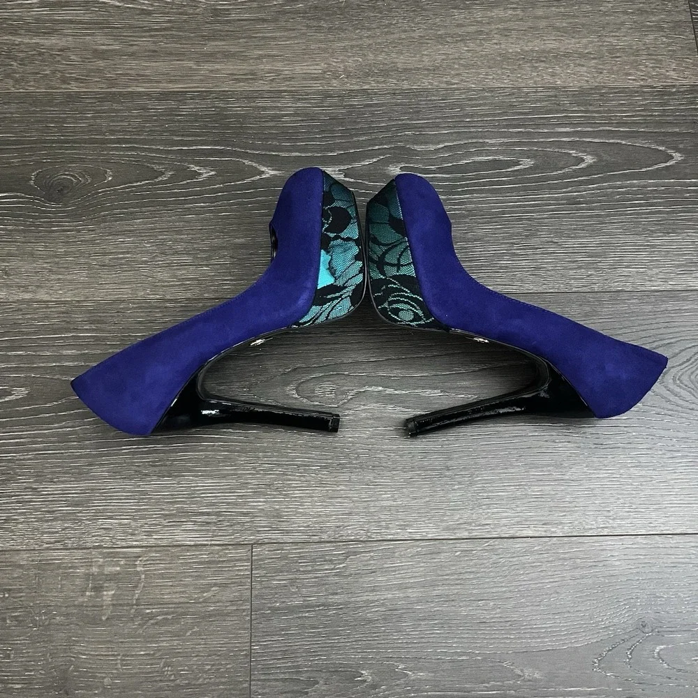 Betsey Johnson Platform Heels Pumps Blue Dareah Suede Lace Leopard ‎ Size 8 Glam